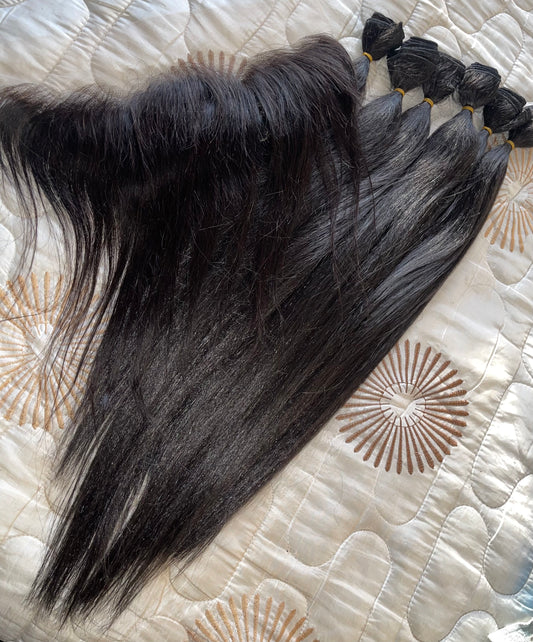 Frontal Ponytail Combo(6 Human Blend Bundles + 12" Full Frontal Closure)